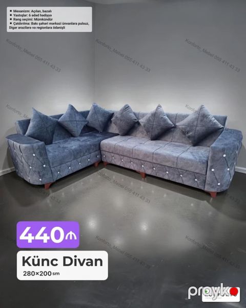 Künc divan – 280×200 sm Mexanizm: açılan, bazalı Komplekt: 6 — Bakı