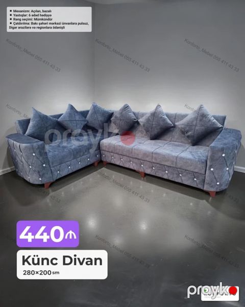 Künc divan – 280×200 sm Mexanizm: açılan, bazalı Komplekt: 6