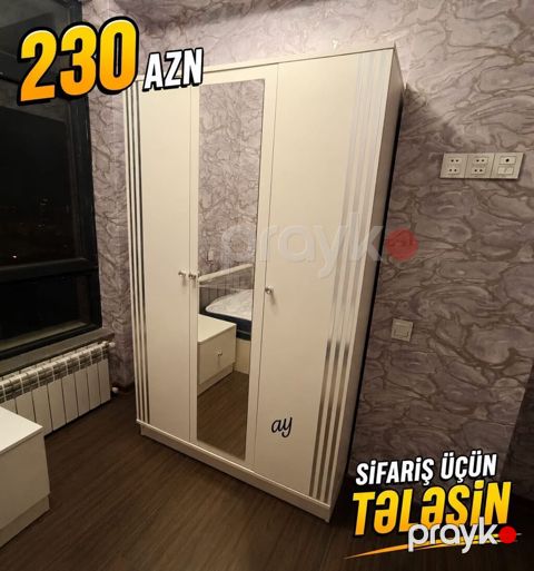 Ağ rəngdə 3 qapılı paltar şkafı - Ön hissədə ortada tam ölçülü güzgü — Bakı