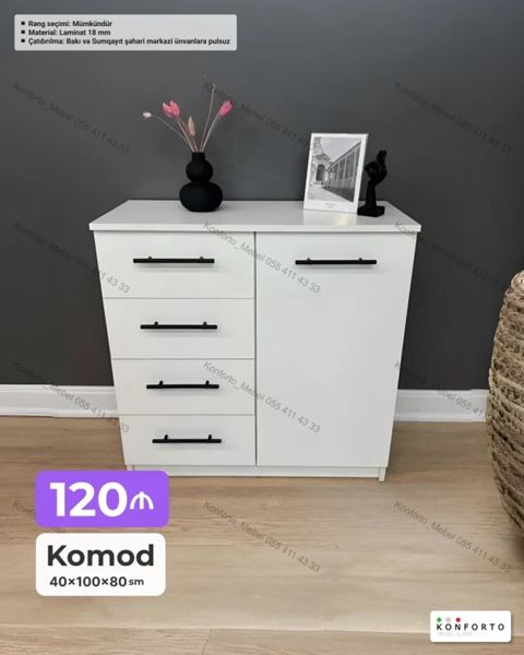Ağ rəngli komod - Ölçülər: 40×100×80 sm - Korpus: 18 mm laminat — Bakı