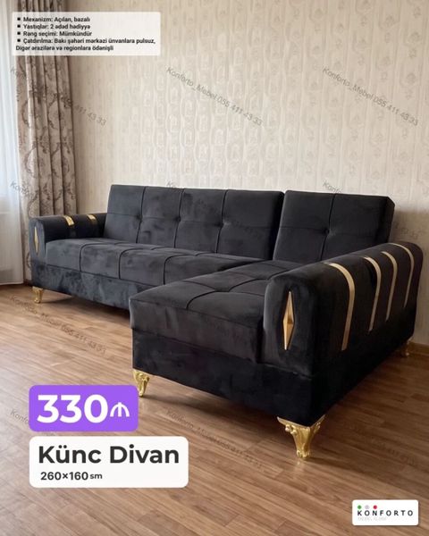 Künc divan – 260×160 sm Qiymət: 330 - Mexanizm: açılan, bazalı — Bakı