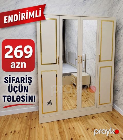 Dördkapılı dəbdəbəli dolab – krem rəngdə, qızılı haşiyələr və iki