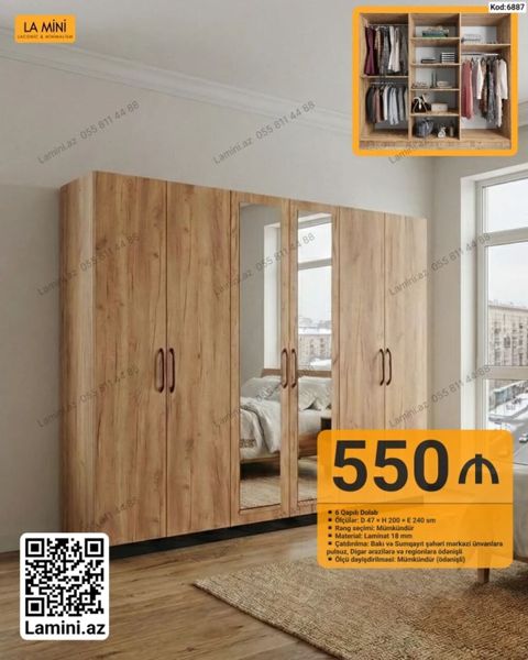 6 qapılı paltar dolabı – Kod: 6887 - Ölçü: D 47 H 200 E 240 sm — Bakı