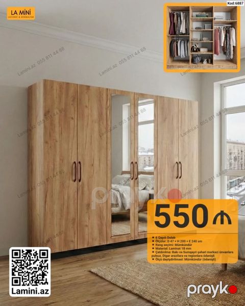 6 qapılı paltar dolabı – Kod: 6887 - Ölçü: D 47 H 200 E 240 sm — Bakı
