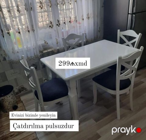 Ağ rəngdə yemək masası və 4 ədəd stul dəsti. - Masa: düzbucaqlı — Bakı