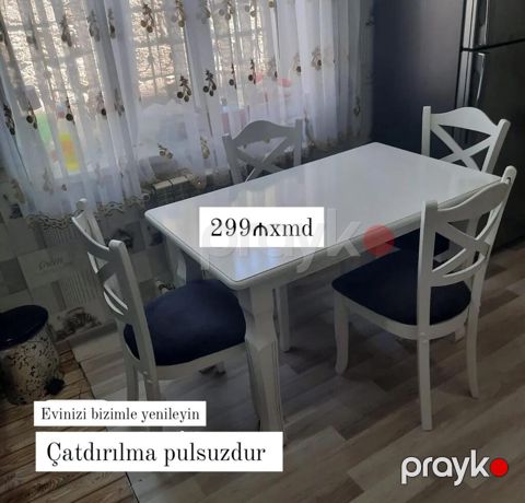 Ağ rəngdə yemək masası və 4 ədəd stul dəsti. - Masa: düzbucaqlı — Bakı