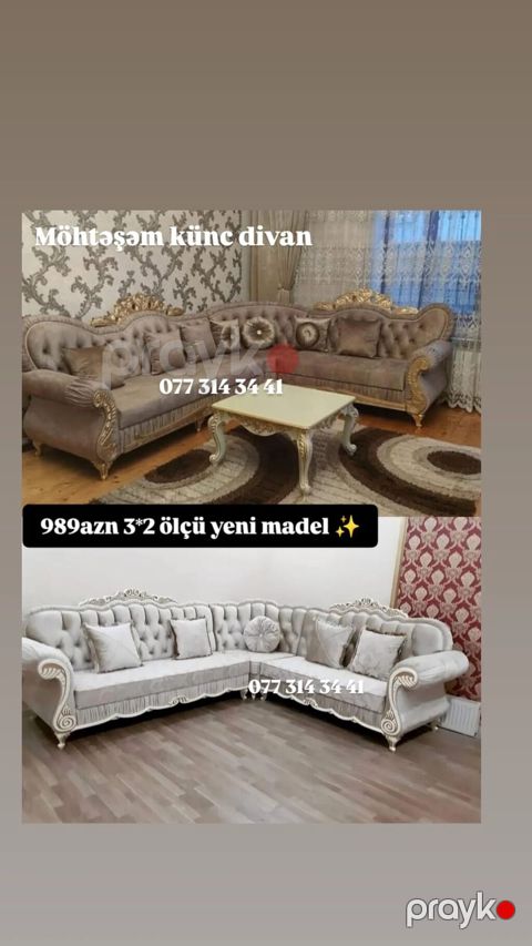 Möhtəşəm klassik üslubda künc divan - Ölçü: 3×2 m (şəkildə qeyd — Bakı