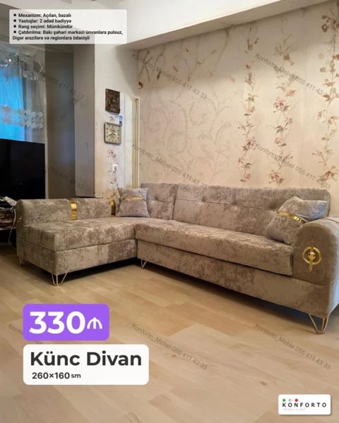 Künc divan – 260×160 sm - Məkan üçün mükəmməl L-forma dizayn - Açılan — Bakı