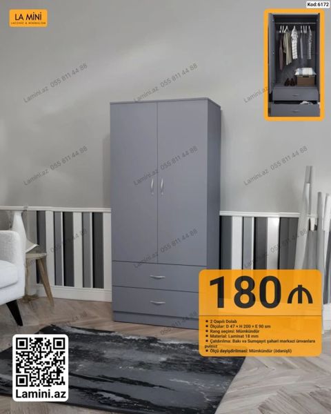2 qapılı dolab – praktik və geniş saxlancla - Ölçülər: D 47 H 200 — Bakı