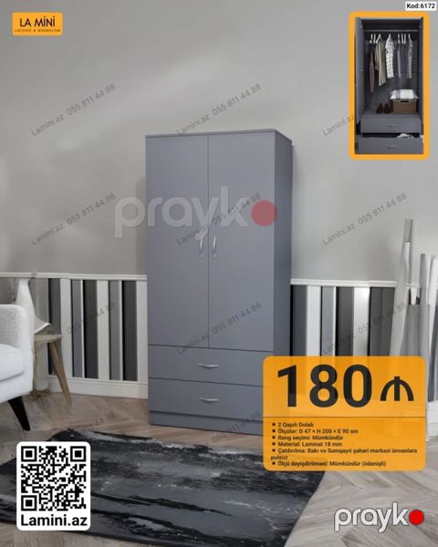 2 qapılı dolab – praktik və geniş saxlancla - Ölçülər: D 47 H 200 — Bakı