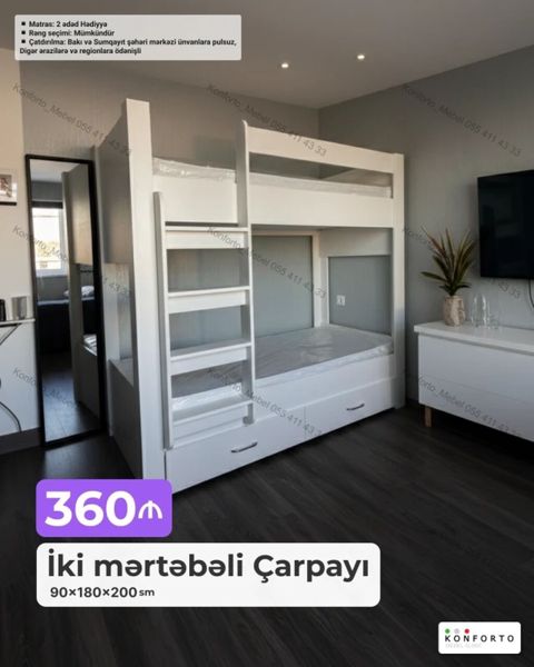 İki mərtəbəli çarpayı – 90×180×200 sm Kompakt dizayn: Üst və alt — Bakı