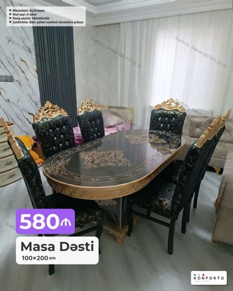 Masa dəsti – klassik dizaynlı, ornamentli oval masa və 6 ədəd kreslo — Bakı