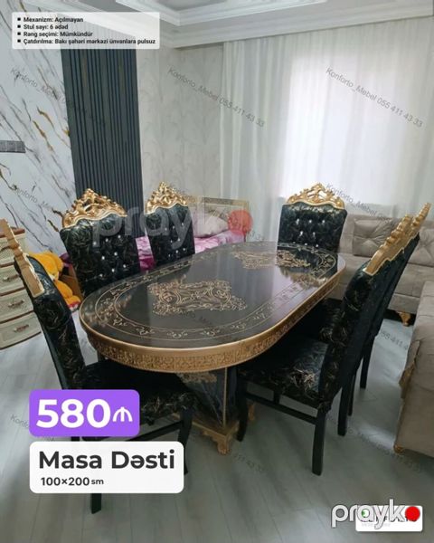 Masa dəsti – klassik dizaynlı, ornamentli oval masa və 6 ədəd kreslo — Bakı