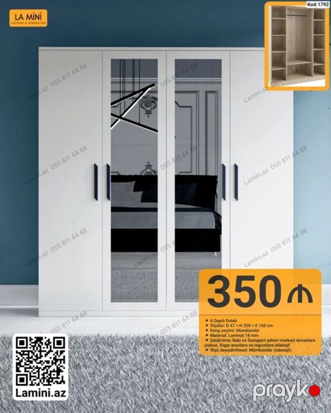 La Mini 4 qapılı dolab - Ölçülər: Dərinlik 47 sm Hündürlük 200 sm — Bakı