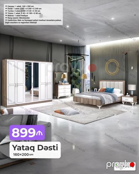 Yataq Dəsti – 160×200 sm Komplektin tərkibi: - Çarpayı: 1 ədəd, 160 — Bakı