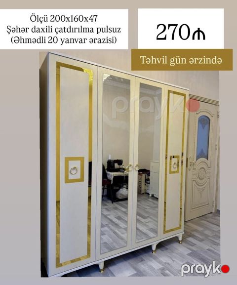 Üç qapılı paltar şkafı – klassik dizayn, ön hissədə iki ədəd güzgülü