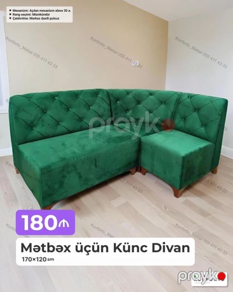 Mətbəx üçün Künc Divan – 170×120 sm - Rəng seçimi: mümkündür (fərqli — Bakı