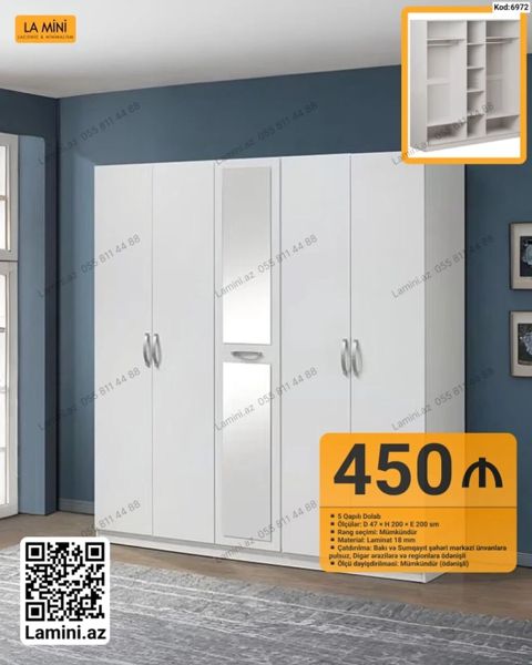 5 qapılı dolab – Kod: 6972 - Ölçülər: Dərinlik 47 sm Hündürlük 200 — Bakı