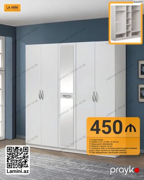 5 qapılı dolab – Kod: 6972 - Ölçülər: Dərinlik 47 sm Hündürlük 200 — Bakı
