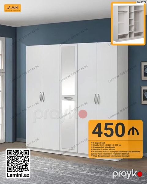 5 qapılı dolab – Kod: 6972 - Ölçülər: Dərinlik 47 sm Hündürlük 200 — Bakı