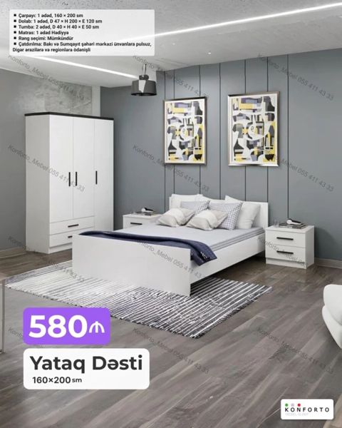 Yataq Dəsti – 160×200 sm Komplekt: - Çarpayı: 1 ədəd, 160×200 sm — Bakı