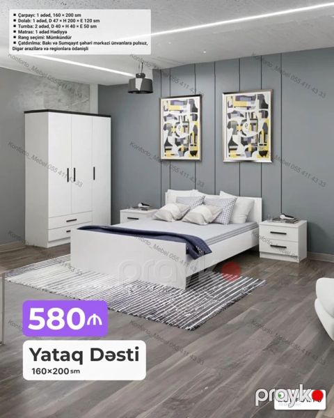 Yataq Dəsti – 160×200 sm Komplekt: - Çarpayı: 1 ədəd, 160×200 sm — Bakı
