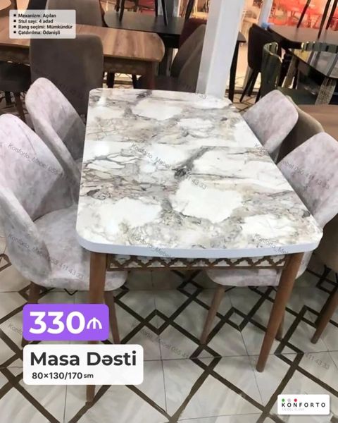 Məhsul: Masa Dəsti - Ölçü: 80×130/170 sm (mexanizm: açılan) - Stul — Bakı
