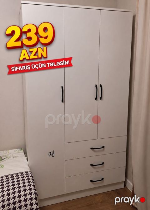 Ağ rəngli, minimalist dizaynlı 3 qapılı paltar dolabı. - Material — Bakı