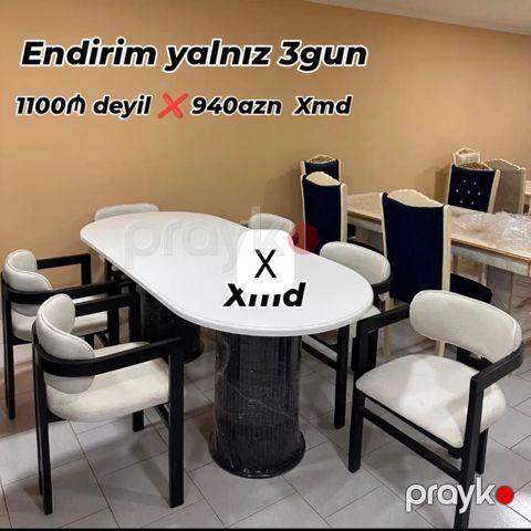 Yemək masa dəsti: oval formalı ağ stol, silindrik qara dayaq ayağı — Bakı