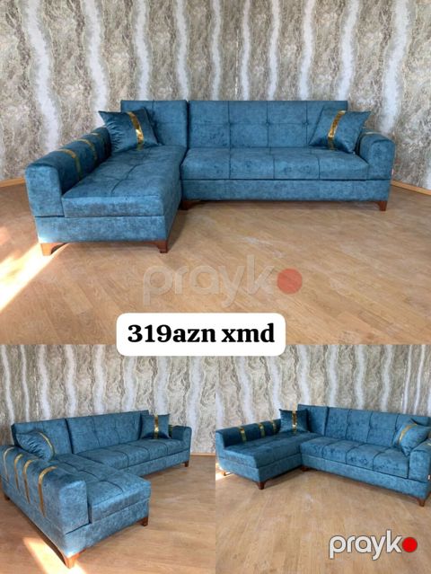 Künc divan dəsti – mavi rəngli, L formalı. - Ölçü: təxmini 2.6 m — Bakı