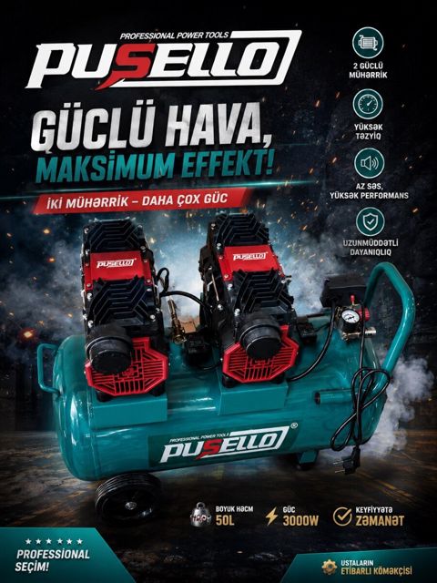 İki mühərrikli hava kompressoru Pusello 50L — Bakı
