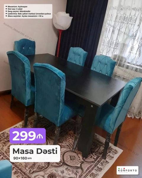 Masa Dəsti – 90×160 sm - Komplekt: masa + 6 ədəd stul - Mexanizm — Bakı