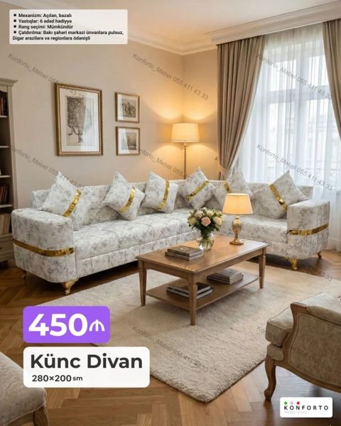 Künc divan – 280×200 sm - Mexanizm: açılan, bazalı (yatan funksiyalı — Bakı
