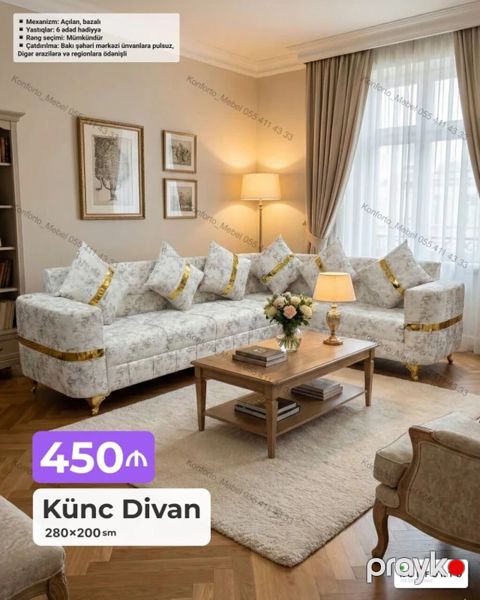 Künc divan – 280×200 sm - Mexanizm: açılan, bazalı (yatan funksiyalı — Bakı
