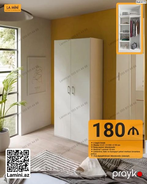 İki qapılı dolab - Ölçülər: E 47 H 200 E 90 sm - Rəng seçimi — Bakı