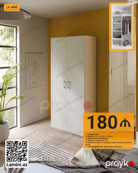 İki qapılı dolab - Ölçülər: E 47 H 200 E 90 sm - Rəng seçimi — Bakı