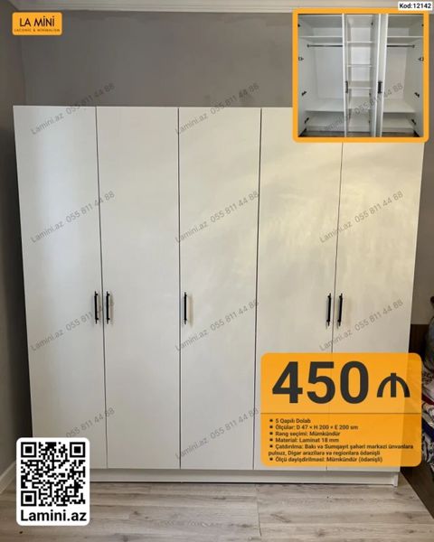 5 qapılı dolab - Ölçülər: Dərinlik 47 sm Hündürlük 200 sm En 200 — Bakı