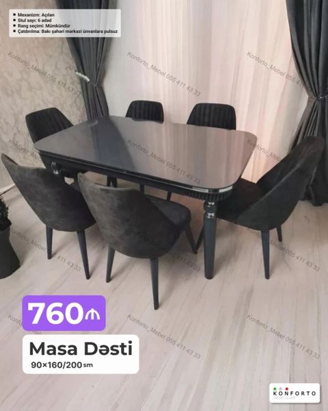 Masa dəsti – 6 stullu Ölçü: 90×160/200 sm Mexanizm: açılan (uzadıla — Bakı