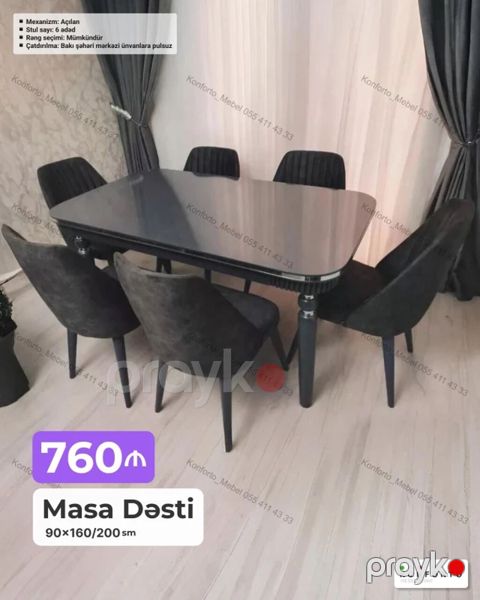 Masa dəsti – 6 stullu Ölçü: 90×160/200 sm Mexanizm: açılan (uzadıla — Bakı