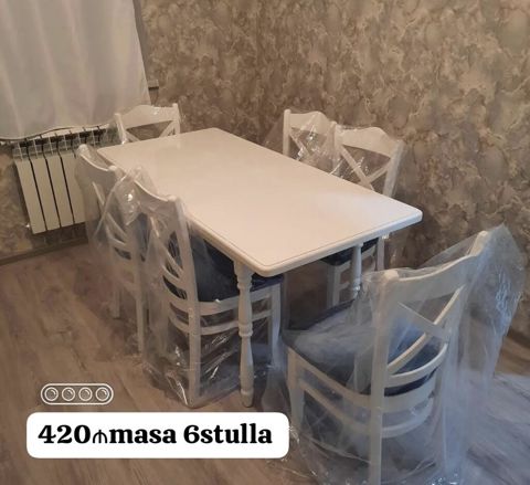 Ağ rəngdə yemək otağı dəsti: - 1 ədəd düzbucaqlı masa - 6 ədəd stul — Bakı