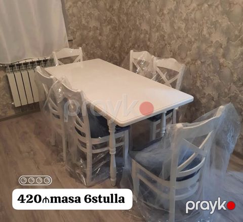 Ağ rəngdə yemək otağı dəsti: - 1 ədəd düzbucaqlı masa - 6 ədəd stul — Bakı