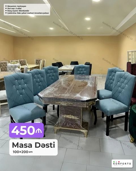 Məhsul: Masa dəsti Ölçü: 100×200 sm Stul sayı: 6 ədəd Mekanizm — Bakı