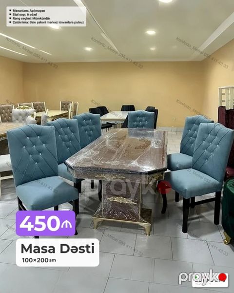 Məhsul: Masa dəsti Ölçü: 100×200 sm Stul sayı: 6 ədəd Mekanizm — Bakı
