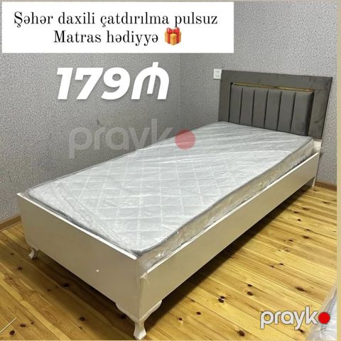 Tək nəfərlik çarpayı – 179₼ - Rəng: ağ korpus, boz başlıq - Başlıq — Bakı