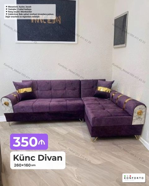 Künc divan – 260×160 sm - Rəng: bənövşəyi (rəng seçimi mümkündür) — Bakı