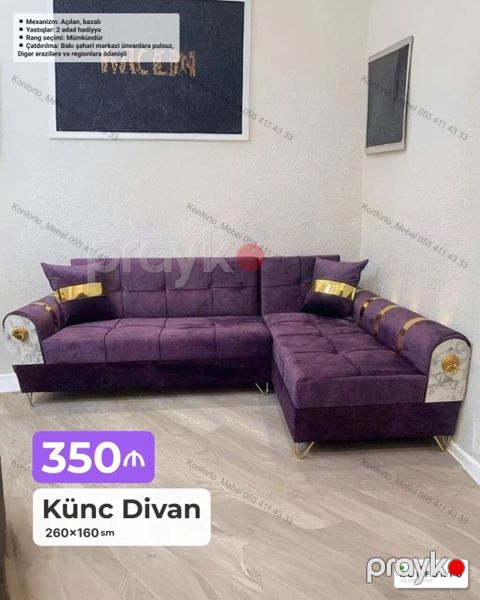 Künc divan – 260×160 sm - Rəng: bənövşəyi (rəng seçimi mümkündür) — Bakı