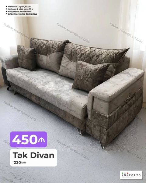 Tək divan – 230 sm - Mexanizm: açılan, bazalı (yataq funksiyalı, alt — Bakı