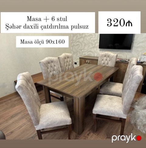 Yemək dəsti: masa + 6 stul - Masa ölçüsü: 90x160 sm - Material: taxta