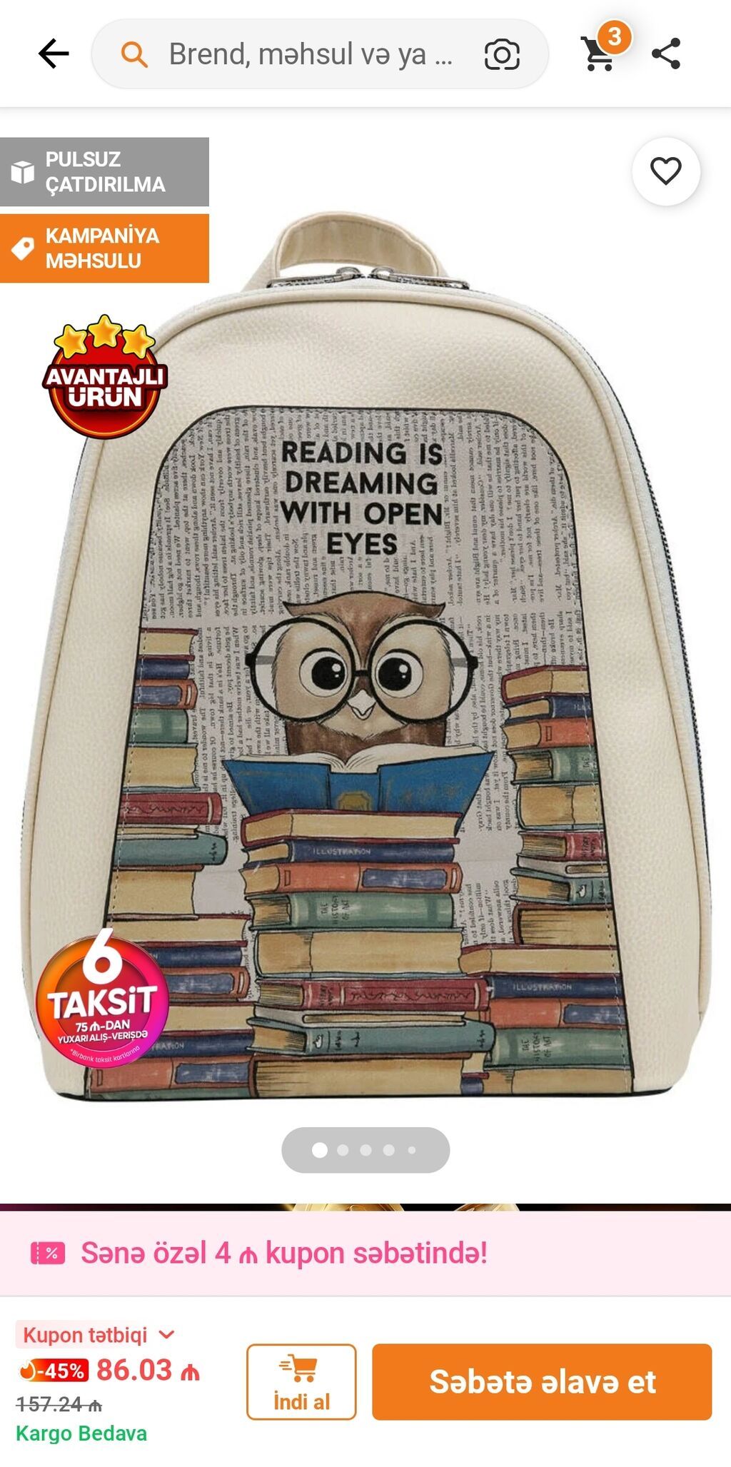 Məhsul: Mini bel çantası – “Reading is dreaming with open eyes” temalı — Çantalar, çamadanlar, cüzdanlar, Bakı (4)