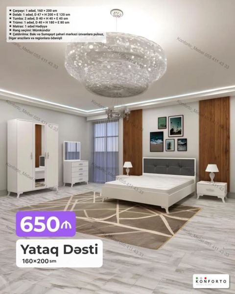 Yataq dəsti – 160×200 sm Komplektin tərkibi və ölçülər: - Çarpayı: 1 — Bakı